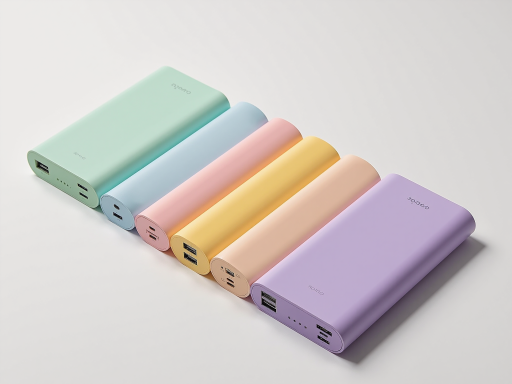 Affichage de plusieurs power banks modernes avec câbles de charge, design technique avec motifs géométriques bleus et violets, arrière-plan lumineux