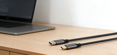 Câble de charge USB-C tressé noir, longueur 1.5 mètre, connecteurs magnétiques, texture résistante avec logo gravé