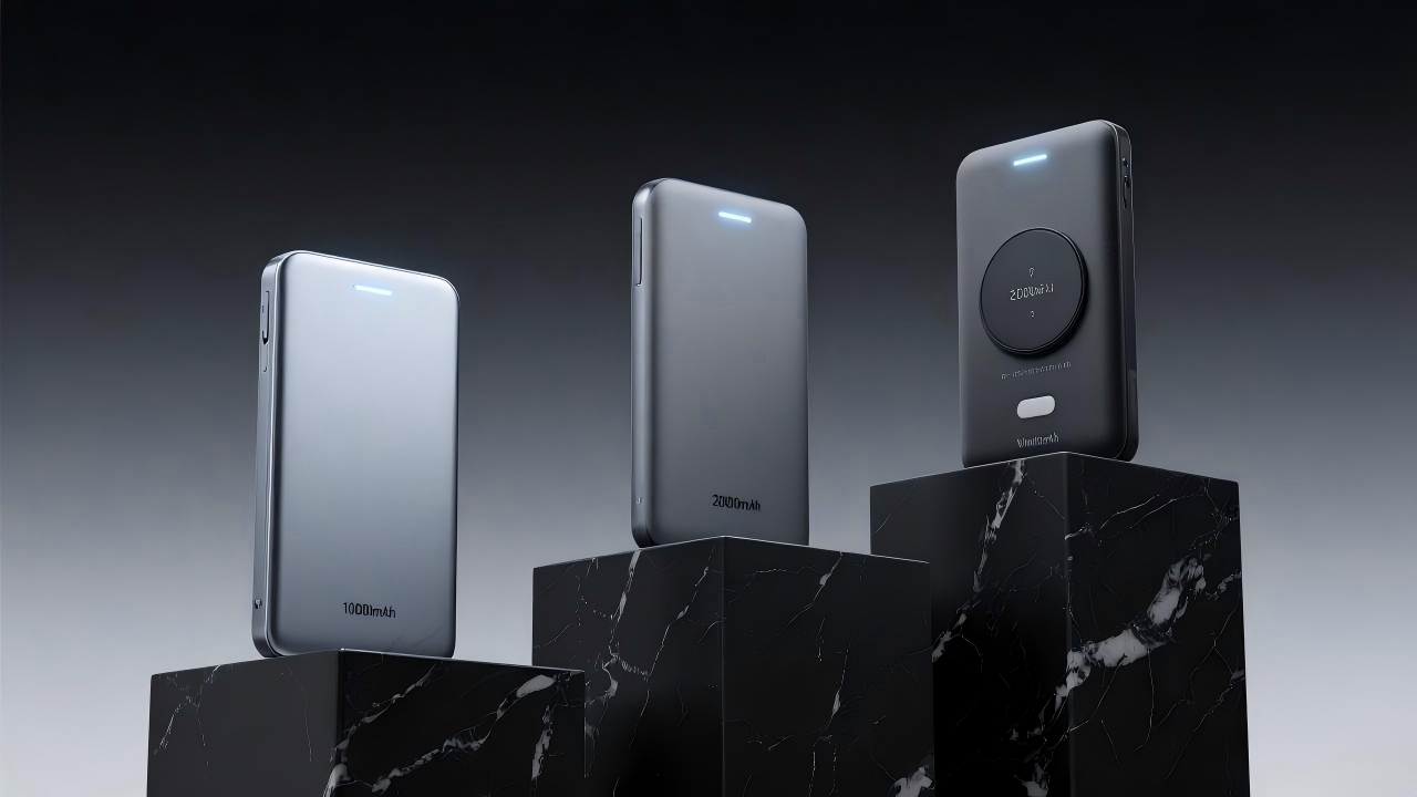 Power bank moderne avec affichage LED, design compact rectangulaire, finition métallique noire, ports USB multiples